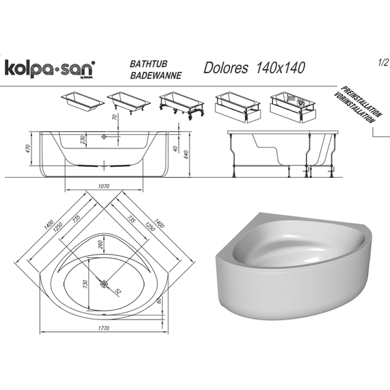 Ванна акриловая Kolpa-San Dolores 140x140 см, Размер - мм: 1400х1400 - фото 4