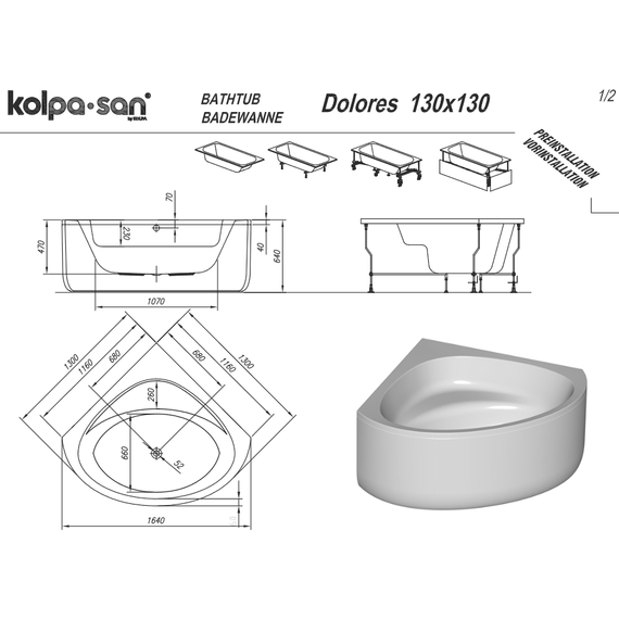 Ванна акриловая Kolpa-San Dolores 130x130 см, Размер - мм: 1300х1300 - фото 4