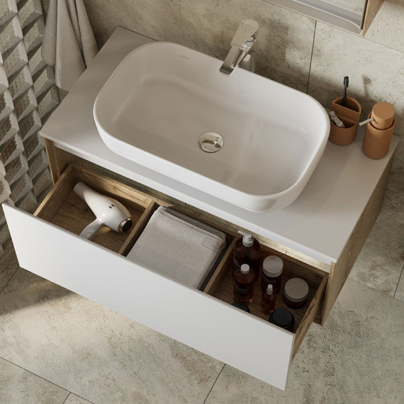 Тумба подвесная со столешницей Акватон Либерти 90 см 1A279901LYC70, дуб эльвезия/белый глянец - фото 2