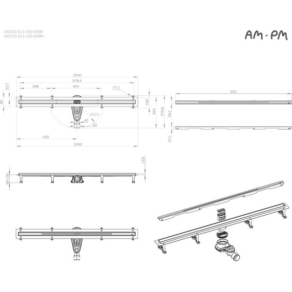 Душевой трап (лоток) 100 AM.PM MasterFlow Slim W01SC-S11-100-05SB комбинированный затвор со стальной матовой решеткой - фото 12