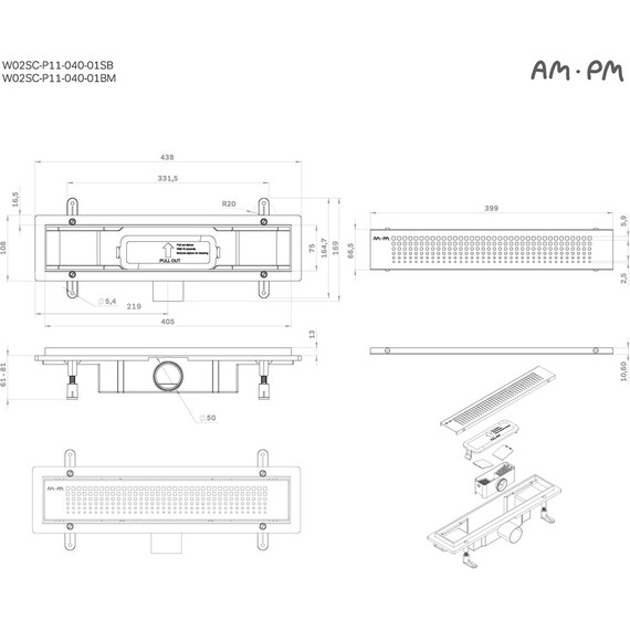 Душевой трап (лоток) 40 AM.PM PrimeFlow W02SC-P11-040-01BM комбинированный затвор с черной матовой решеткой, Цвет производителя: чёрный, Размер трапа: 400 - фото 12