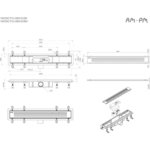 Душевой трап (лоток) 60 AM.PM PrimeFlow W02SC-P11-060-01SB комбинированный затвор со стальной матовой решеткой - фото 12