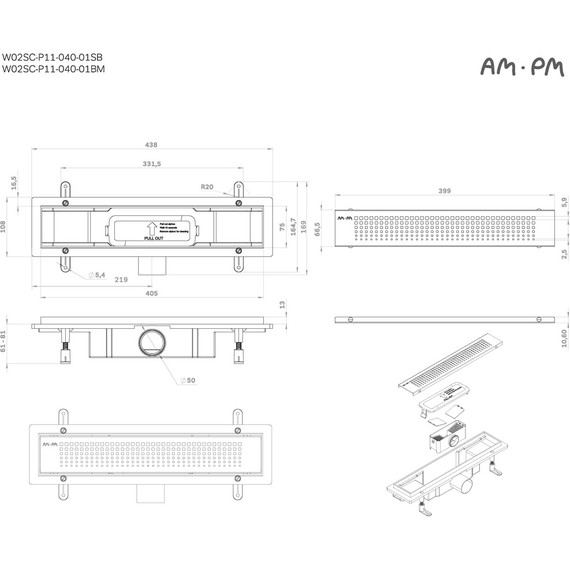 Душевой трап (лоток) 40 AM.PM PrimeFlow W02SC-P11-040-01SB комбинированный затвор со стальной матовой решеткой, Цвет производителя: хром, Размер трапа: 400 - фото 12