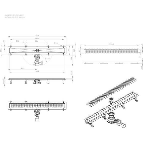 Душевой трап (лоток) 80 AM.PM MasterFlow W01SC-P11-080-01SB комбинированный затвор со стальной матовой решеткой, Цвет производителя: хром, Размер трапа: 800 - фото 12