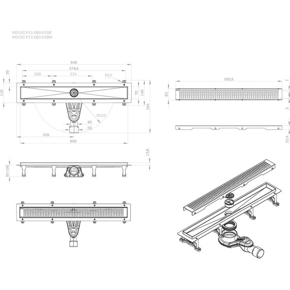 Душевой трап (лоток) 60 AM.PM MasterFlow W01SC-P11-060-01BM комбинированный затвор с черной матовой решеткой, Цвет производителя: чёрный, Размер трапа: 600 - фото 12