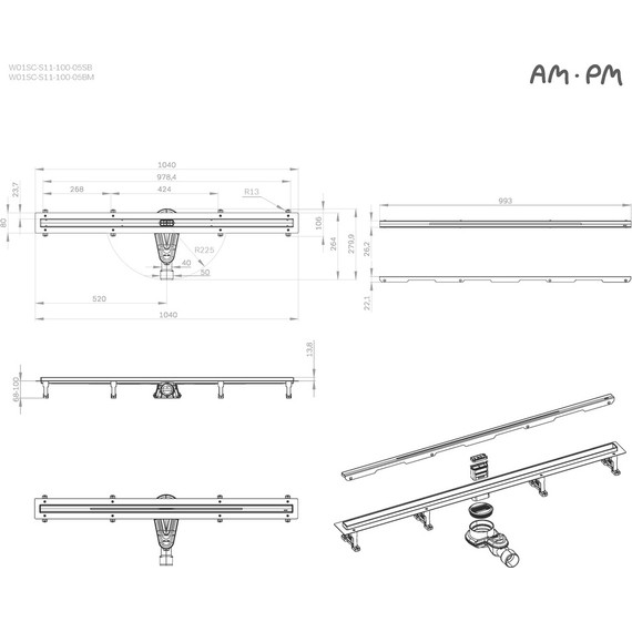Душевой трап (лоток) 100 AM.PM MasterFlow Slim W01SC-S11-100-05BM комбинированный затвор с черной матовой решеткой - фото 12