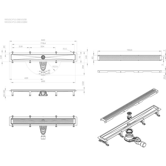 Душевой трап (лоток) 80 AM.PM MasterFlow W01SC-P11-080-01BM комбинированный затвор с черной матовой решеткой - фото 12