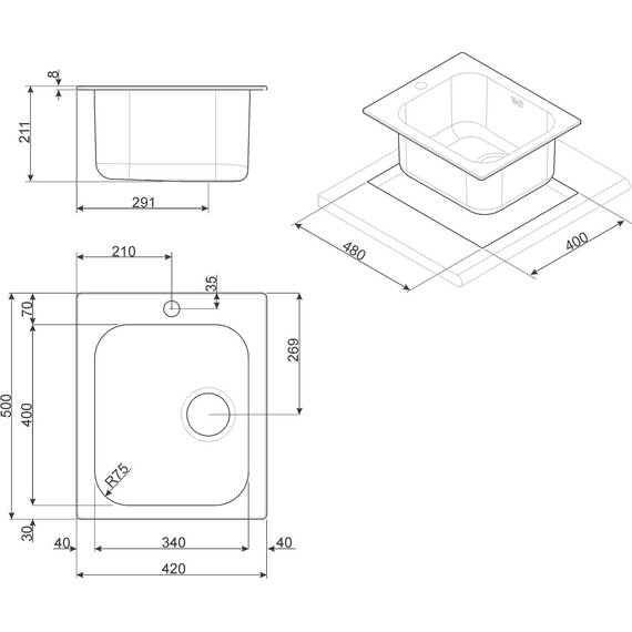Кухонная мойка Smeg VS34/P3 42, 0,7 мм нержавеющая сталь - фото 2