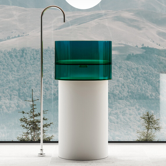 Раковина напольная прозрачная Abber Kristall 45 см AT2701White-Aquamarin-H, белый/бирюзовый - фото 