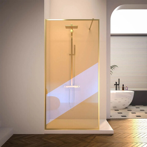 Душевая перегородка Veconi Korato 90 см KR81GС-90-09-C4 (стекло 8 мм) с кронштейном в комплекте, золото/тонированное - фото 