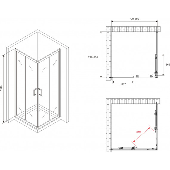 Душевое ограждение Abber Schwarzer Diamant 80x80 см AG020805, хром/прозрачное - фото 4