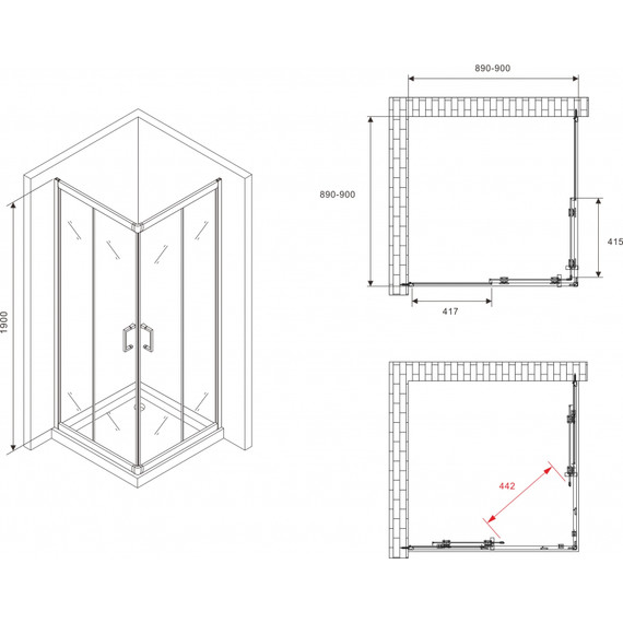 Душевое ограждение Abber Schwarzer Diamant 90x90 см AG020905, хром/прозрачное - фото 4