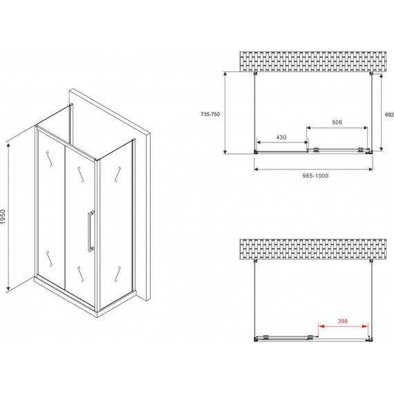 Душевое ограждение Abber Schwarzer Diamant 100х75 см AG30100H-S75-S75, хром/прозрачное - фото 5