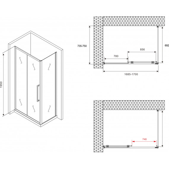 Душевое ограждение Abber Schwarzer Diamant 170x75 см AG30170H-S75, хром/прозрачное - фото 5