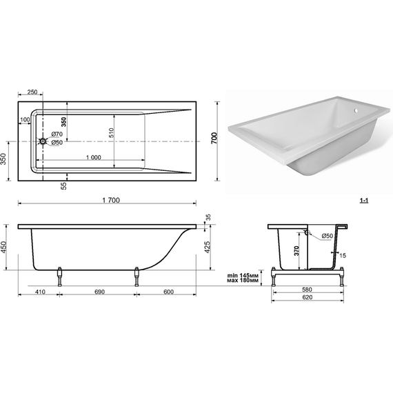 Ванна каменная Эстет Дельта silk 170х70 см ФР-00014388, белый матовый - фото 5