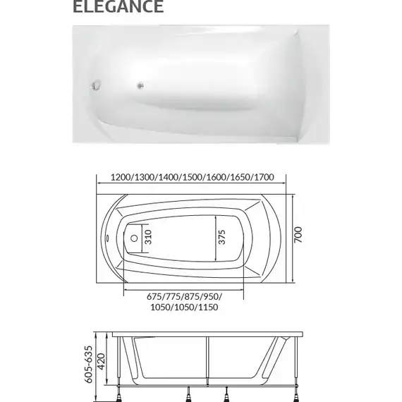 Ванна акриловая 1Marka Elegance 130x70 см, Размер - мм: 1300х700 - фото 8