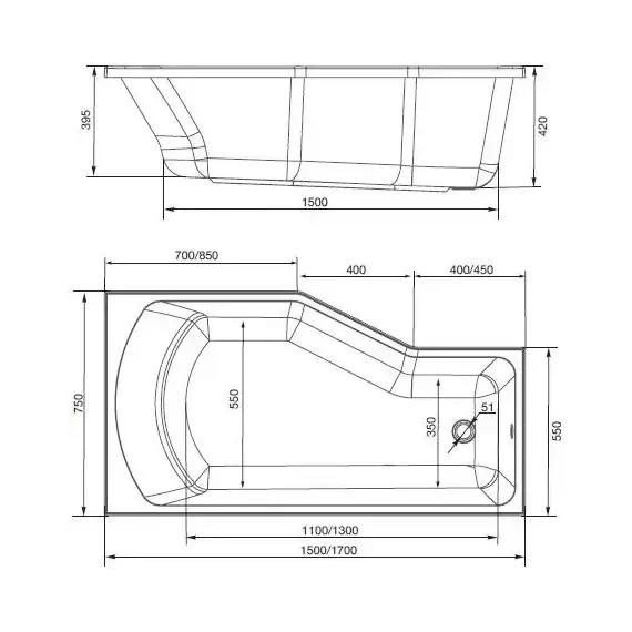 Ванна акриловая 1Marka Convey 150x75 см L, Размер - мм: 1500х750 - фото 6