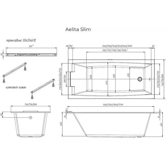 Ванна акриловая 1Marka Aelita Slim 165x75 см, Размер - мм: 1650х750 - фото 5