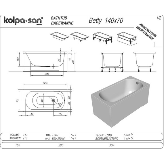 Ванна акриловая Kolpa-San Betty 140х70 см, Размер - мм: 1400х700 - фото 3