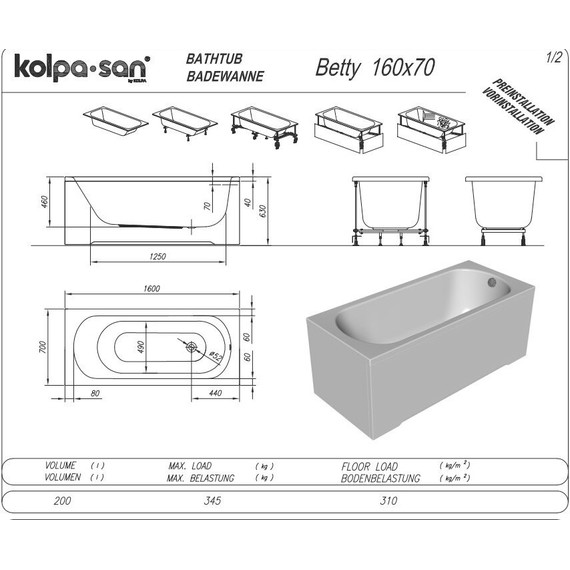 Ванна акриловая Kolpa-San Betty 160х70 см, Размер - мм: 1600х700 - фото 3