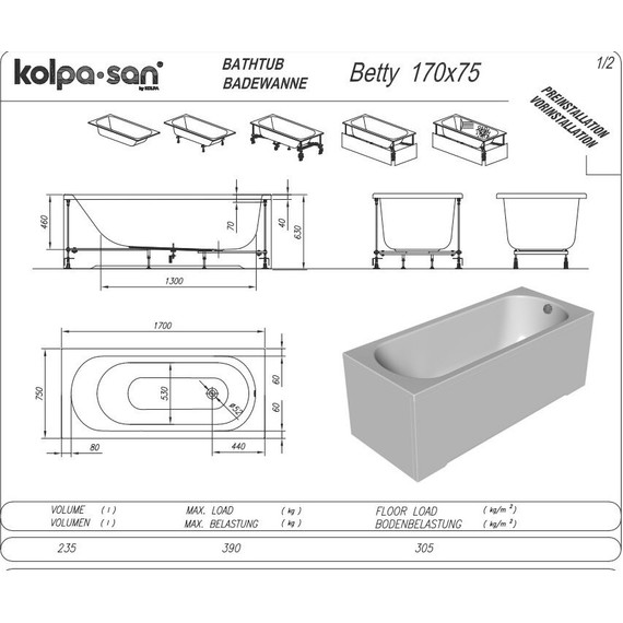 Ванна акриловая Kolpa-San Betty 170х75 см, Размер - мм: 1700х750 - фото, картинка 3 Ванна акриловая Kolpa-San Betty 170х75 см, Размер - мм: 1700х750 - фото 3