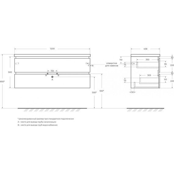 Тумба подвесная с раковиной Cezares PLANE-1200-2C-SO-BL 120 см (раковина CZR-8070-120-1-2) bianco lucido - фото 9