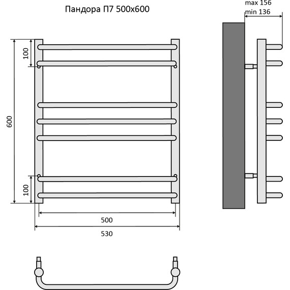 Полотенцесушитель водяной Aquatek Пандора П7 500х600 мм AQ RRС0760BL, чёрный муар - фото 8