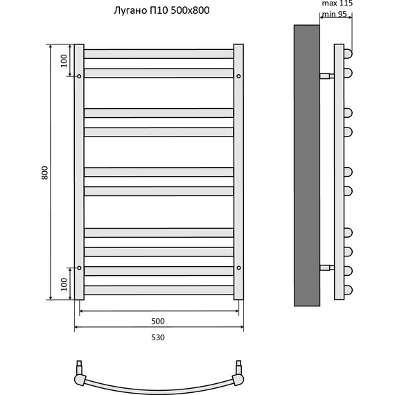 Полотенцесушитель водяной Aquatek Лугано П10 500х800 мм AQ DOC1080BL, чёрный муар - фото 8