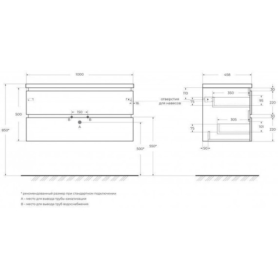 Тумба подвесная с раковиной Cezares PLANE-1000-2C-SO-BL 100 см (раковина CZR-8070-100) bianco lucido - фото 5