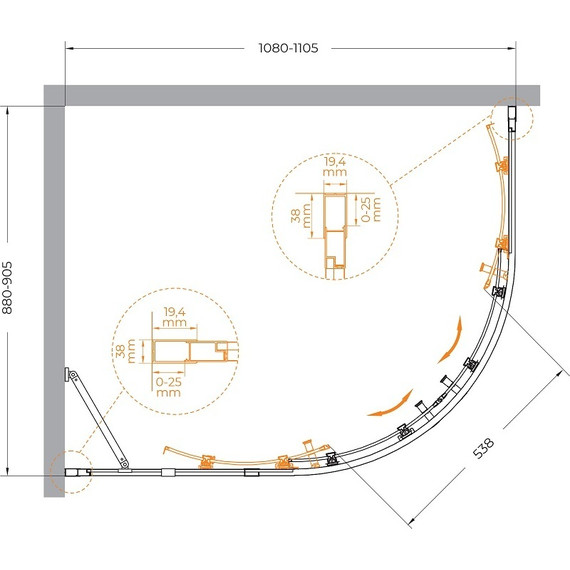 Душевое ограждение Cezares 110x90 см MOLVENO-RH-2-110/90-C-BORO-IV, брашированное золото/прозрачное - фото 7