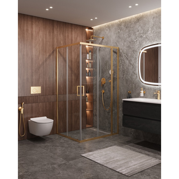 Душевое ограждение Cezares 130x100 см MOLVENO-AH-21-100+30-C-BORO-IV, брашированное золото/прозрачное - фото 