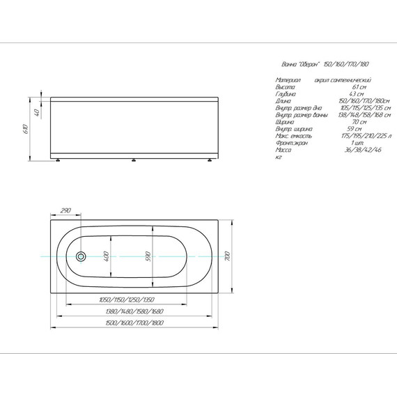 Ванна акриловая Aquatek Оберон 150x70 см OBR150-0000007 (в комплекте: каркас, панель, сифон) слив справа - фото 5