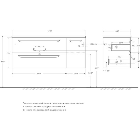 Тумба подвесная с раковиной Cezares 120 см ECO-CER-N-1200-2C-1A-SO-BL-L, bianco lucido - фото 3