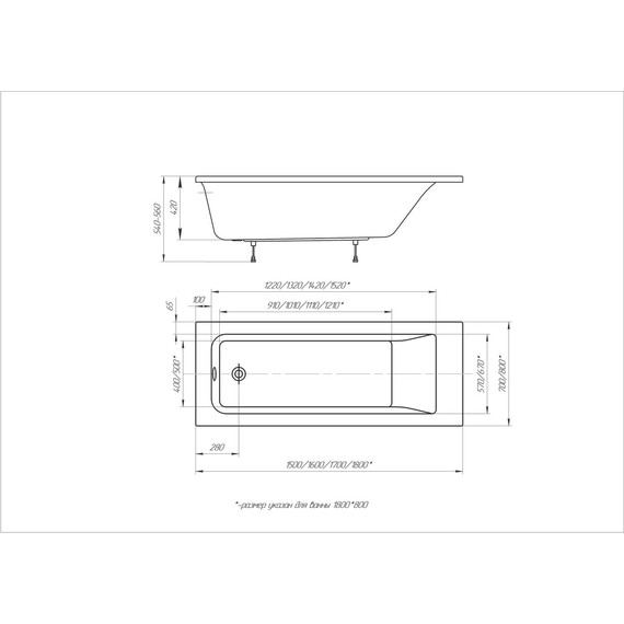 Ванна акриловая Aquatek Калибри 180x80 см KL180-0000001, Размер - мм: 1800х800 - фото 9