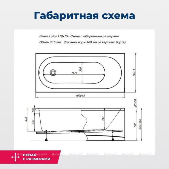 Ванна акриловая Aquanet Lotos 170х75 см 311882 (в комплекте каркас) - фото 20