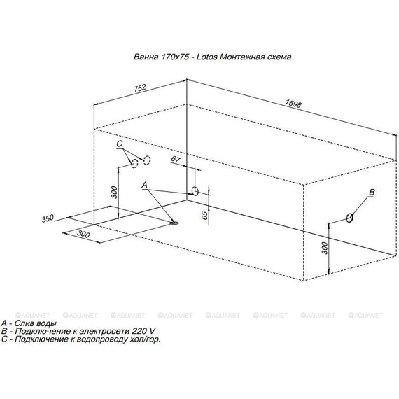 Ванна акриловая Aquanet Lotos 170х75 см 311882 (в комплекте каркас) - фото 21