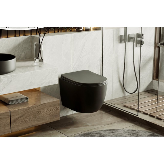 Унитаз подвесной безободковый Abber Bequem AC1100TMB с крышкой микролифт, чёрный матовый (система смыва Торнадо), Цвет производителя: чёрный матовый - фото 8