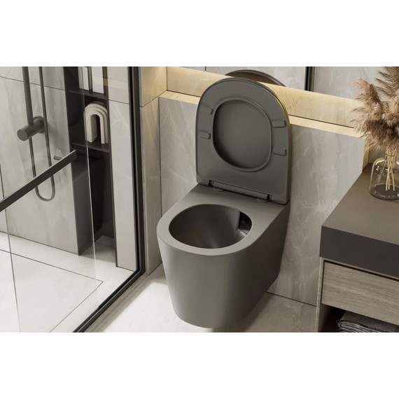 Унитаз подвесной безободковый Abber Bequem AC1102TMG с крышкой микролифт, серый матовый (система смыва Торнадо), Цвет производителя: серый - фото 9