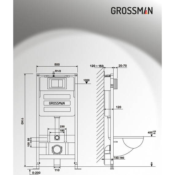 Инсталляция с подвесным унитазом комплект: Grossman Galaxy 900.K31.01.000 с подвесным безободковым унитазом GR-4477BMSQ сиденье микролифт, крепление, кнопка смыва 700.K31.01.300.300 золото глянцевое - фото 12