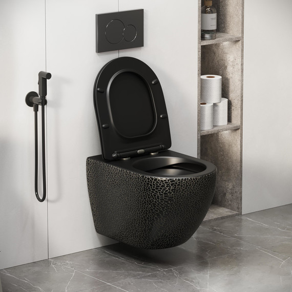Унитаз подвесной безободковый Grossman Color GR-4411BBLS с крышкой микролифт, чёрный с текстурой крокодила, Цвет производителя: чёрный - фото 7