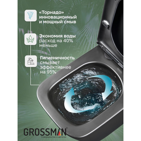 Унитаз подвесной безободковый Grossman GR-4404BMSQ с крышкой микролифт, чёрный матовый (Система смыва торнадо), Цвет производителя: чёрный матовый - фото 10