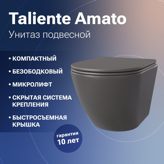Унитаз подвесной безободковый Taliente Amato AM25010 Grigio с крышкой микролифт, серый, Цвет производителя: серый - фото 