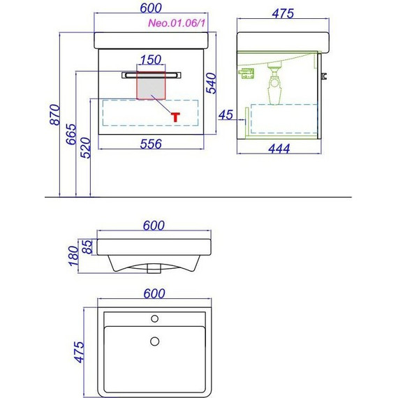 Тумба подвесная с раковиной Aqwella Нео 60 см Neo.01.06/1 - фото, картинка 9 Тумба подвесная с раковиной Aqwella Нео 60 см Neo.01.06/1 - фото 9