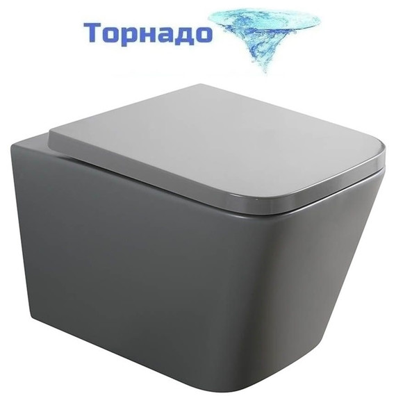 Унитаз подвесной безободковый Veconi Pulo VPU-51TGR (Система смыва торнадо) с тонкой крышкой микролифт, серый матовый - фото 
