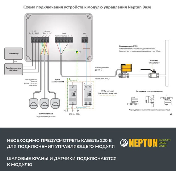 Система защиты от протечек воды 3/4 Нептун Neptun Bugatti Base Light 1 кран, 2 проводных датчика 100035512000 - фото 12