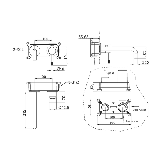 Смеситель для раковины настенный Boheme Uno 465-GM (со скрытой частью) графит - фото 2