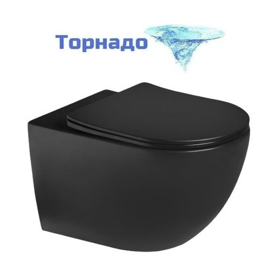 Унитаз подвесной безободковый SantiLine SL-5002T-MB с тонкой крышкой микролифт (система смыва Торнадо) чёрный матовый - фото 