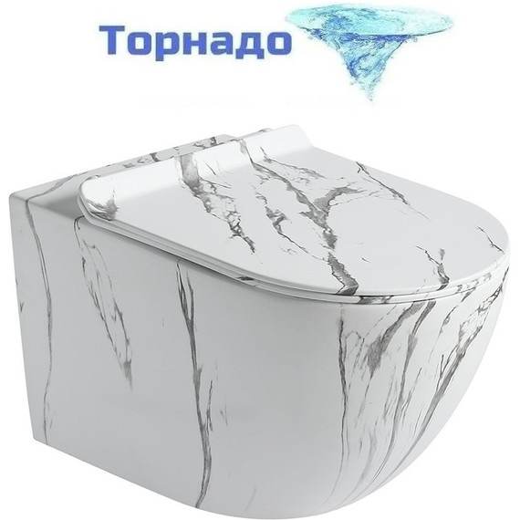 Унитаз подвесной безободковый SantiLine SL-5002T-MM с тонкой крышкой микролифт (система смыва Торнадо) под мрамор - фото 
