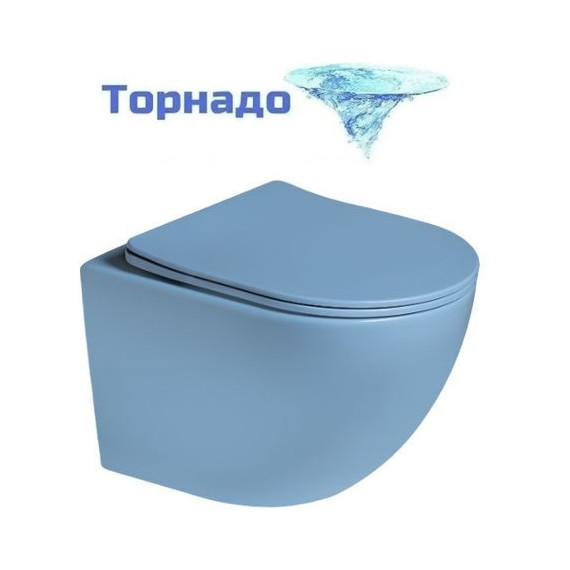 Унитаз подвесной безободковый SantiLine SL-5005T-BL с тонкой крышкой микролифт (система смыва Торнадо) голубой матовый - фото 
