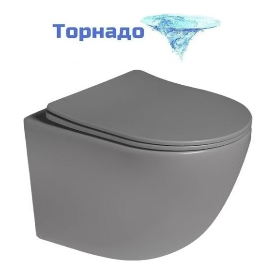 Унитаз подвесной безободковый SantiLine SL-5005T-MG с тонкой крышкой микролифт (система смыва Торнадо) светло-серый матовый - фото 
